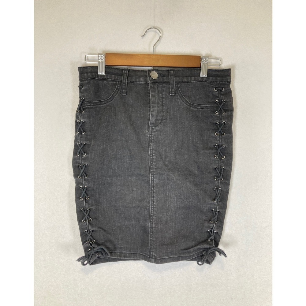 Edgy Grunge London Jean Women 2 Black Lace Up Side Denim Mini Skirt Faded Goth